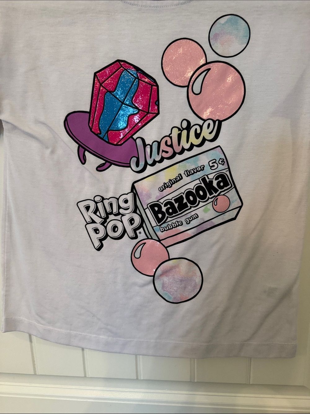 Justice Graphic Tee with Shiny Pink & Blue Gem Accents